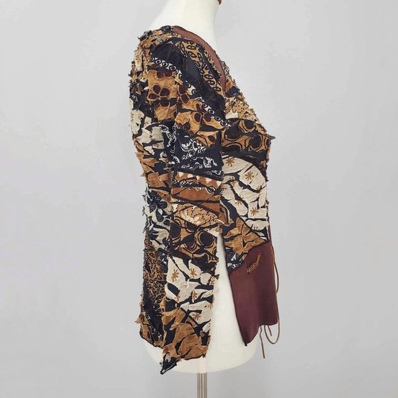 Punky Girl Brown Multi Print Distressed Beaded Top - Picture 8 of 15